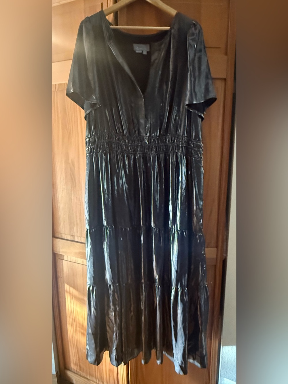Anthropologie metallic dark silver Tiered Dress with Smocked Waist